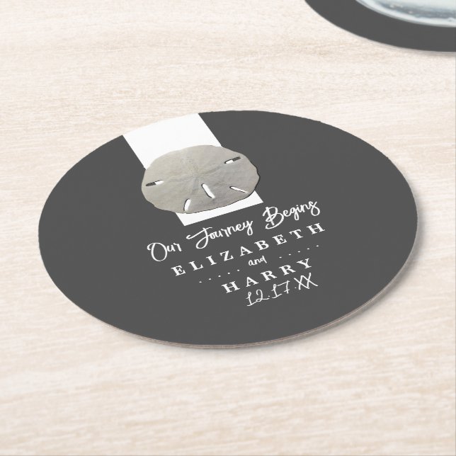 Lone Sand Dollar - Charcoal Gray - Beach Wedding Round Paper Coaster (Angled)