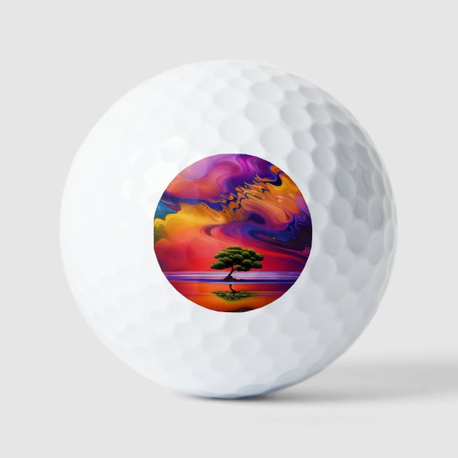 Lone Tree in Water colorful sky Golf Balls (Front)