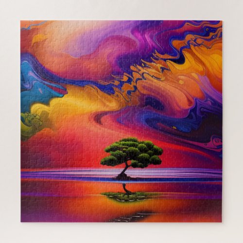 Lone Tree in Water colorful sky Jigsaw Puzzle