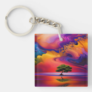 Lone Tree in Water colorful sky Keychain
