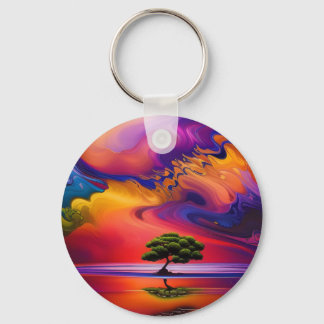 Lone Tree in Water colorful sky Keychain