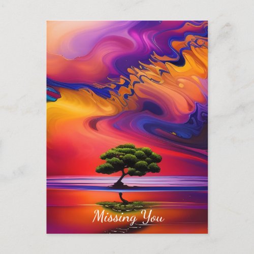 Lone Tree in Water colorful sky _Missing You Postcard
