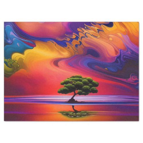 Lone Tree in Water colorful sky Personalize Tissue Paper