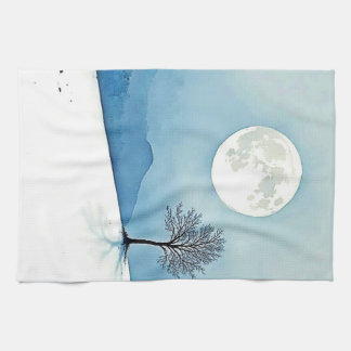 Lone Tree: Serene Full Moon Silence Art Kitchen Towel