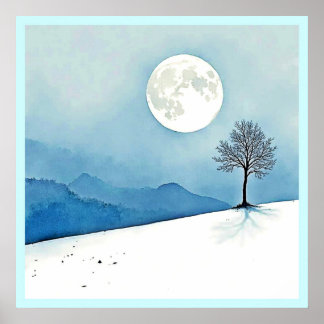 Lone Tree: Serene Full Moon Silence Art Poster