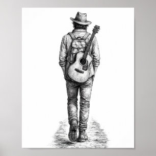 Lone Wanderer with Guitar Pencil Sketch Wall Art P