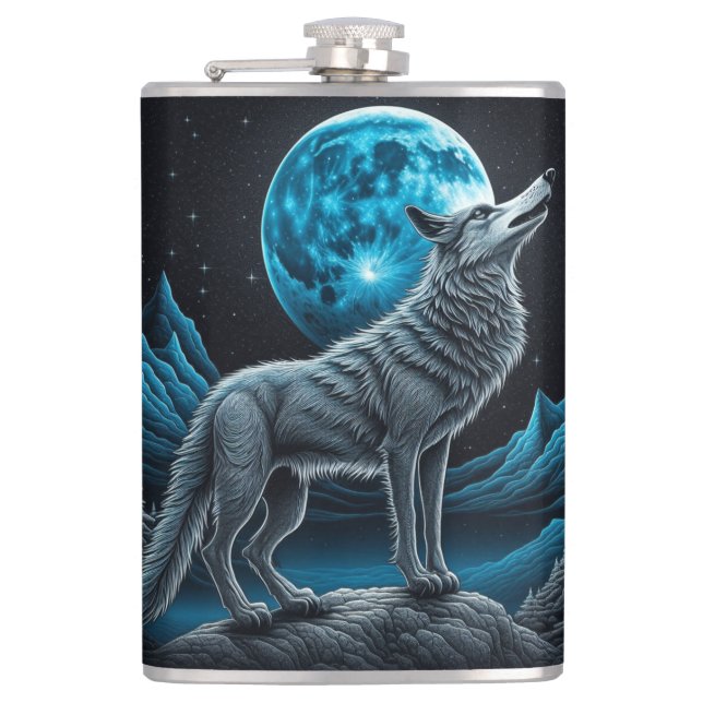 Lone Wolf and Full Moon Black and Blue Flask (Front)