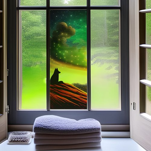 Lone Wolf At Dawn Fluffy Clouds Twinkling Stars Window Cling