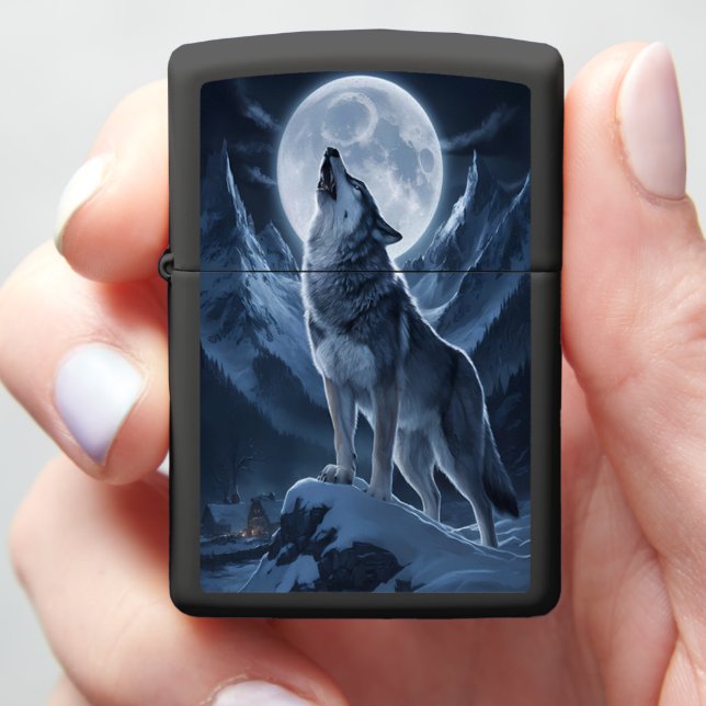 Lone Wolf Dominates Snowy Peak Zippo Lighter (In Hand)