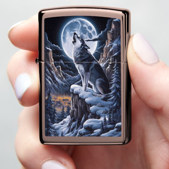 Lone Wolf Gazing, Moonlit Summit Zippo Lighter (In Hand)