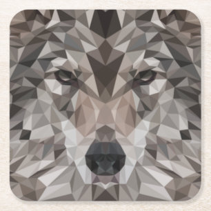 Lone Wolf Geometric Portrait Square Paper Coaster