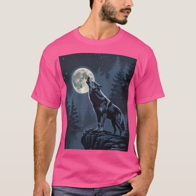 Lone Wolf Howling at the Moon Night Forest Art T-Shirt (Front)