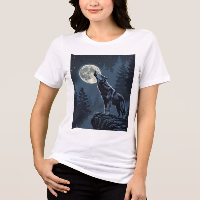 Lone Wolf Howling at the Moon Night Forest Art Tri-Blend Shirt (Front)