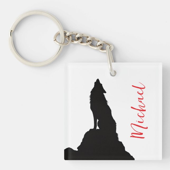 Lone Wolf Howling Your Name Custom Handwriting Keychain (Front)