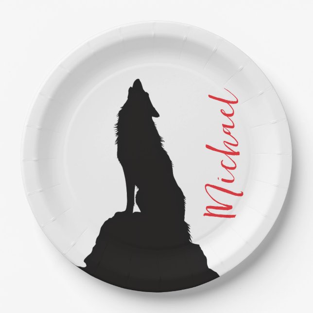 Lone Wolf Howling Your Name Custom Handwriting Paper Plates (Front)