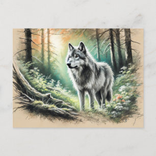 Lone Wolf in Forest with Sunshine Postcard
