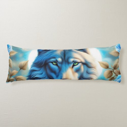 Lone Wolf in the Enchanted Blue Rose Garden Body Pillow