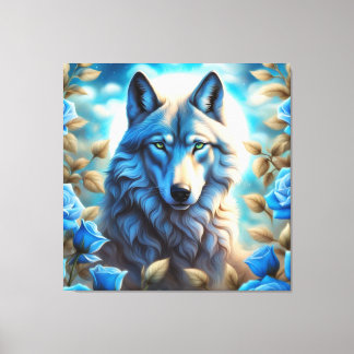 Lone Wolf in the Enchanted Blue Rose Garden Canvas Print