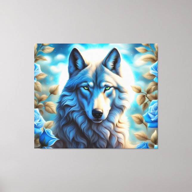 Lone Wolf in the Enchanted Blue Rose Garden Canvas Print (Front)