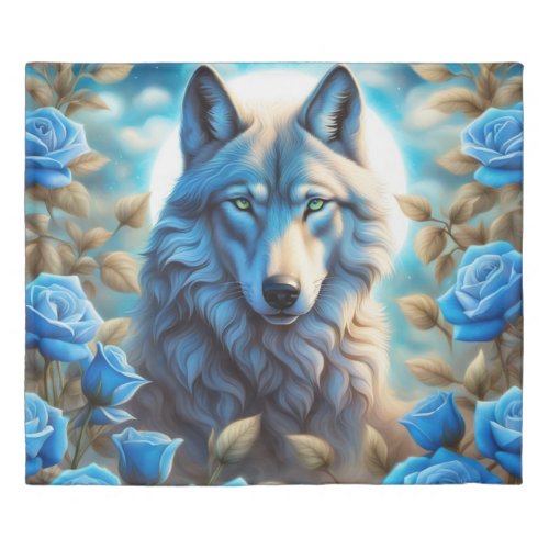 Lone Wolf in the Enchanted Blue Rose Garden Duvet Cover