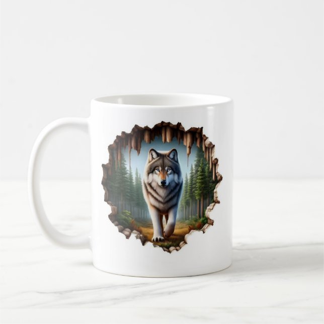 Lone Wolf in the Wild – 3D Forest Breakthrough Art Coffee Mug (Left)