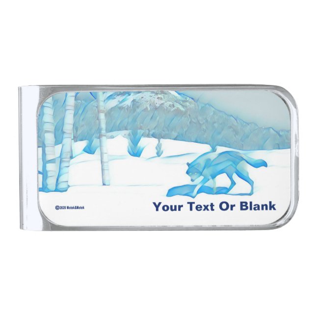 Lone Wolf In WInter Silver Finish Money Clip (Front)