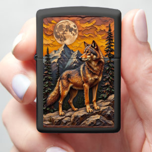 Lone Wolf Mountain Moon Sunset Zippo Lighter