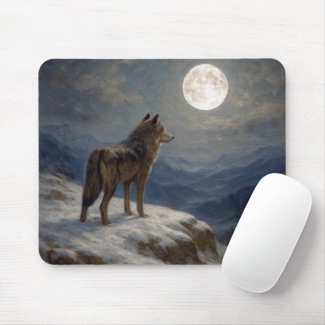 Lone Wolf on a Mountaintop In Moonlight Mouse Pad (With Mouse)