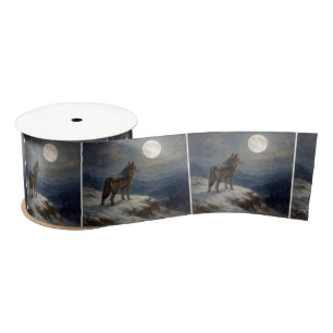 Lone Wolf on a Mountaintop In Moonlight Satin Ribbon