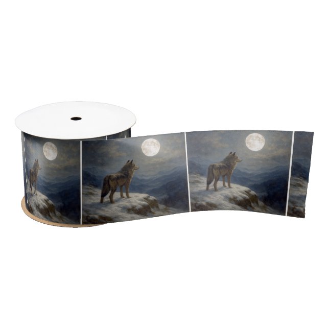 Lone Wolf on a Mountaintop In Moonlight Satin Ribbon (Spool)