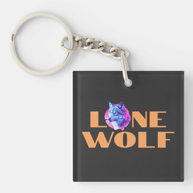 "Lone Wolf" or Your Message, Large Orange Text Keychain (Front)