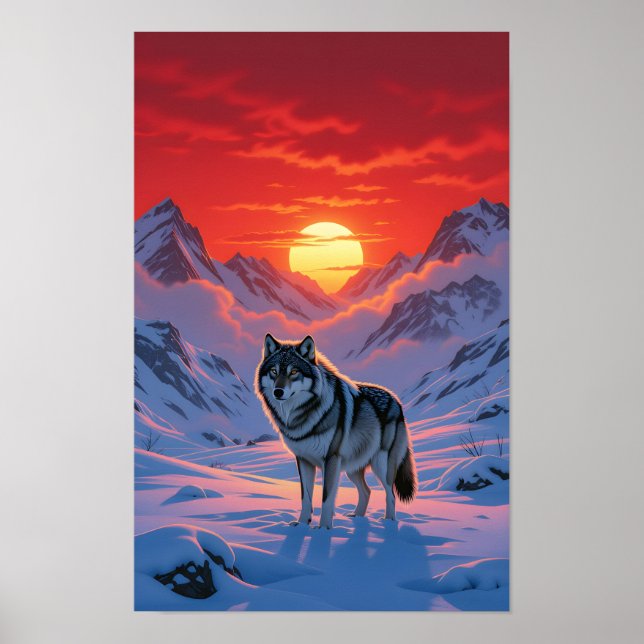 Lone Wolf Stands Against The Sunset Poster (Front)