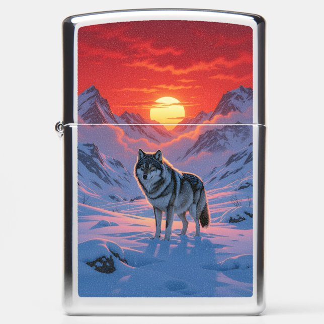 Lone Wolf Stands Against The Sunset Zippo Lighter (Front)
