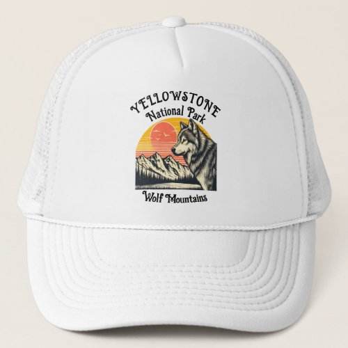 Lone Wolf Stands Before Majestic Mountain Trucker Hat