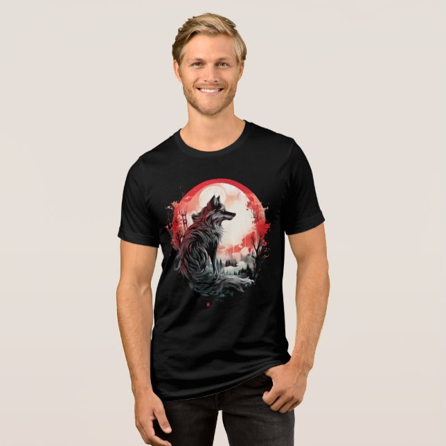 Lone Wolf Under Moon – Red Forest Art Tri-Blend Shirt (Front Full)