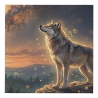 Lone Wolf Under The Starry Milky Way Sky Faux Canvas Print