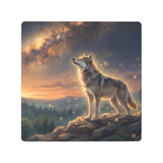 Lone Wolf Under The Starry Milky Way Sky Metal Print
