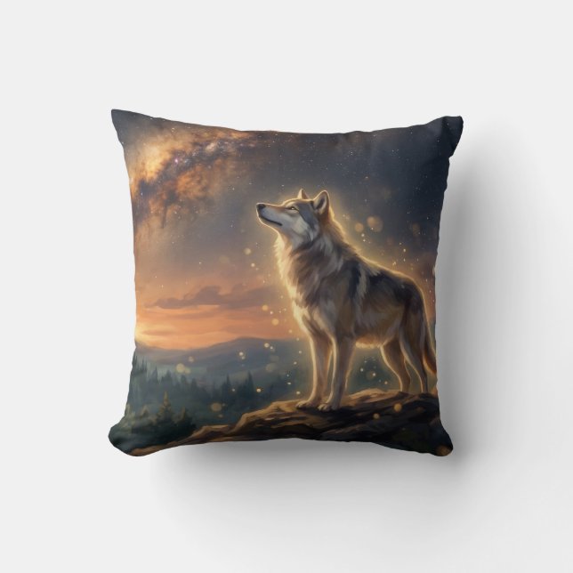 Lone Wolf Under The Starry Milky Way Sky Throw Pillow (Front)