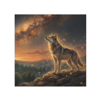 Lone Wolf Under The Starry Milky Way Sky Wood Wall Art