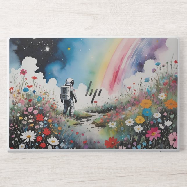 Lonely Astronaut on a Flower Planet with Rainbow HP Laptop Skin (Front)