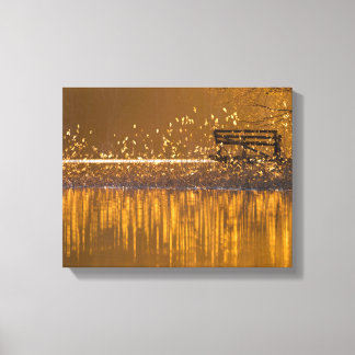 Lonely bench by the lake in the golden light canvas print