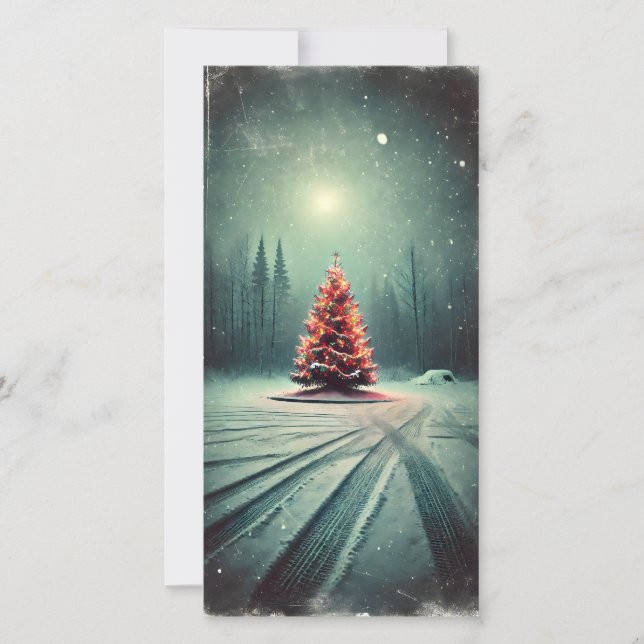 Lonely Bright Christmas Tree Dark Winter Night Holiday Card (Front)