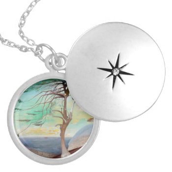 Lonely Cedar Tree Landscape Painting Locket Necklace by accessoriesstore at Zazzle