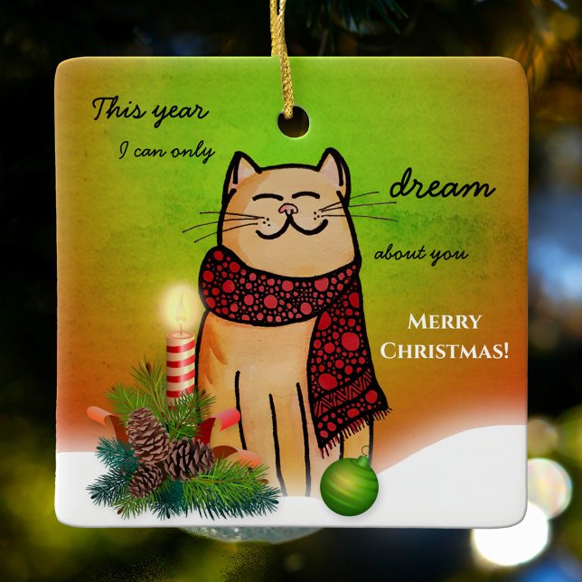 Lonely Christmas Without You Sweet Cat Ceramic Ornament (Christmas ornament featuring an illustration of a dreamy cat in a Christmas setting)