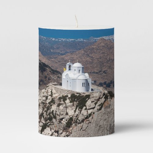 Lonely church in Greek mountains Pillar Candle