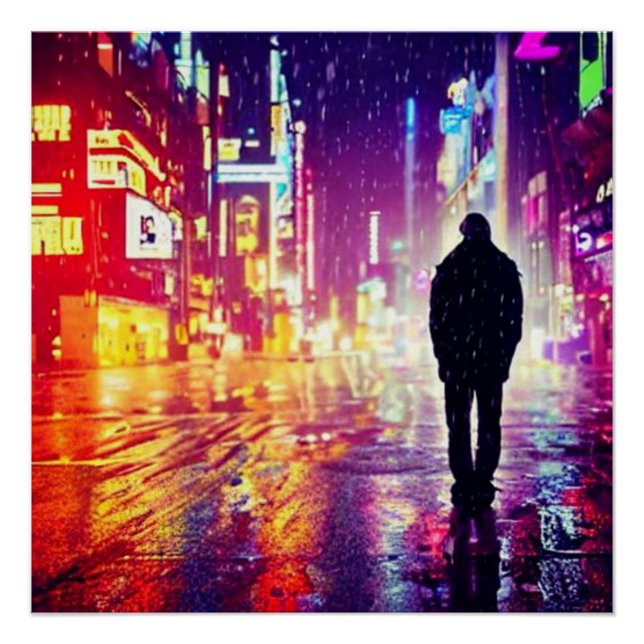 Lonely Cyberpunk In The Rain Glossy Poster (Front)