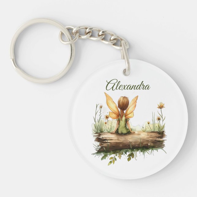 Lonely Fairy Sitting on a Log Keychain (Front)