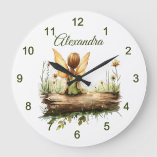 Lonely Fairy Sitting on a Log Large Clock