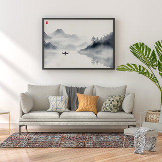 Lonely Fisherman Zen Ink Wash Wall Art