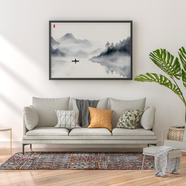 Lonely Fisherman Zen Ink Wash Wall Art (Creator Uploaded)